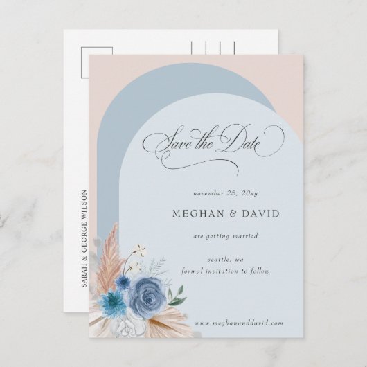 Kalligrafie Boho Dusty Blue Pampas Save the Date Aankondigingskaart (Voorkant / Achterkant)
