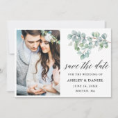 Kalligrafie Botanische Eucalyptusbladeren Save The Date (Voorkant)