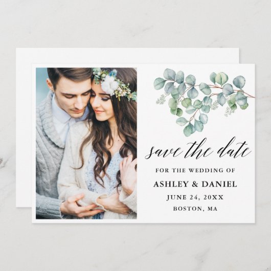 Kalligrafie Botanische Eucalyptusbladeren Save The Date (Voorkant / Achterkant)