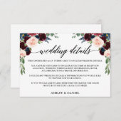 Kalligrafie Bourgondië Blauw Bloemen Bruiloft Deta Informatiekaartje (Voorkant / Achterkant)