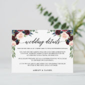 Kalligrafie Bourgondië Blauw Bloemen Bruiloft Deta Informatiekaartje (Staand voorkant)