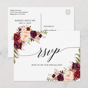 Kalligrafie Bourgondië Floral bruiloft RSVP Briefkaart
