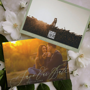 Kalligrafie Bruiloft Wijze Groene QR Code Foto Save The Date