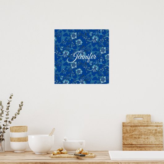 Kalligrafie Elegant Blauw Bloemen Aangepaste Naam Poster (Keuken)
