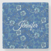 Kalligrafie Elegant Blauw Bloemen Aangepaste Naam Stenen Onderzetter (Voorkant)