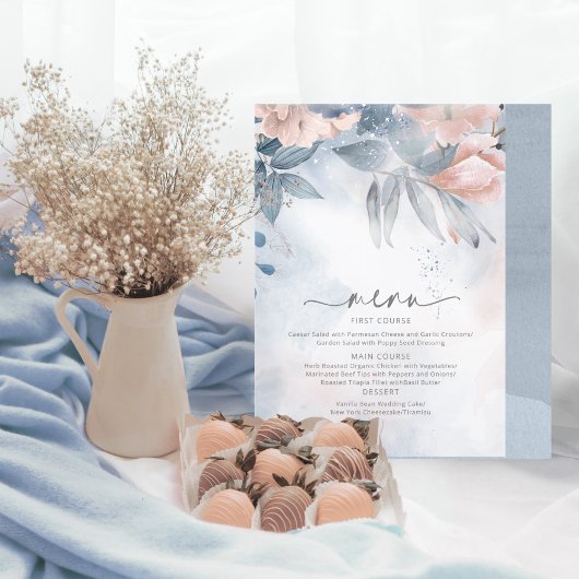 Kalligrafie Floral Wedding Menu Blue ID771