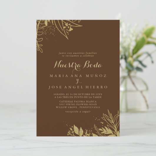 Kalligrafie Goud Bladwerk Nuestra Boda Bruiloft Kaart (Staand voorkant)