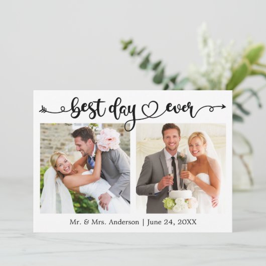 Kalligrafie Hart Beste Dag Ooit 2 Fotobruiloft Bedankkaart (Staand voorkant)