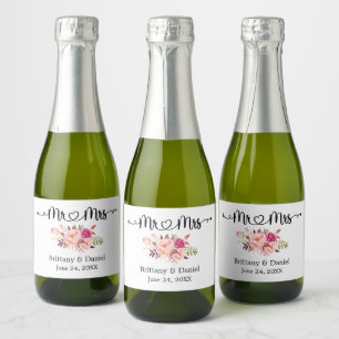 Kalligrafie Hart Bloemen Mr. en Mrs. Wedding Mini Sparkling Wijnetiket