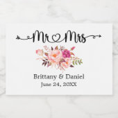 Kalligrafie Hart Bloemen Mr. en Mrs. Wedding Mini Sparkling Wijnetiket (Enkel label)