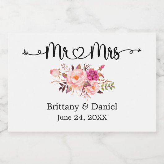 Kalligrafie Hart Bloemen Mr. en Mrs. Wedding Mini Sparkling Wijnetiket (Enkel label)