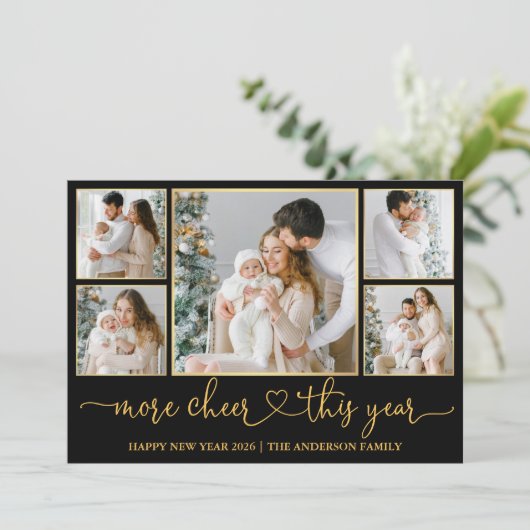 Kalligrafie Hart Meer Cheer Zwart en Goud Lijsten Feestdagenkaart (Staand voorkant)