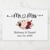 Kalligrafie Hart Mr. en Mrs. Floral Wedding Mini Sparkling Wijnetiket (Enkel label)