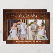Kalligrafie Hart Mr. Mrs. 2 Foto Trouwhout Bedankkaart (Voorkant / Achterkant)