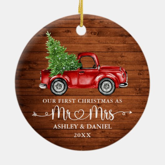 Kalligrafie Hart Rustiek Eerste Kerst Rode Vrachtw Keramisch Ornament (Achterkant)