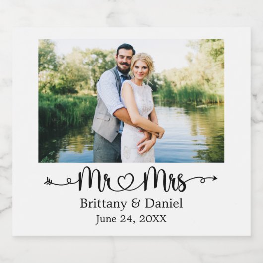 Kalligrafie Hartfoto Mr en Mrs Wedding Sparkling Wijnetiket (Enkel label)