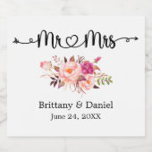 Kalligrafie Heart Floral Mr. and Mrs Wedding Sparkling Wijnetiket (Enkel label)