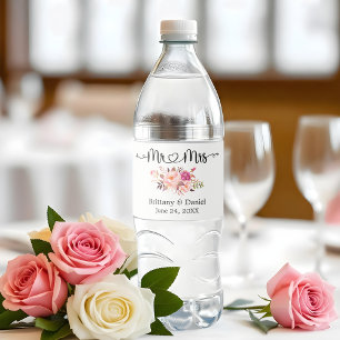 Kalligrafie Heart Floral Mr. and Mrs Wedding Waterfles Etiket