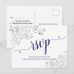 Kalligrafie in marineblauw op witte huwelijksreact briefkaart