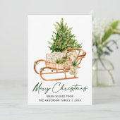 Kalligrafie Ink Script Waterverf Pine Tree Sleigh Feestdagenkaart (Staand voorkant)