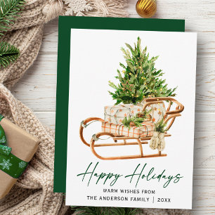 Kalligrafie Ink Script Waterverf Sleigh Pine Tree Feestdagenkaart