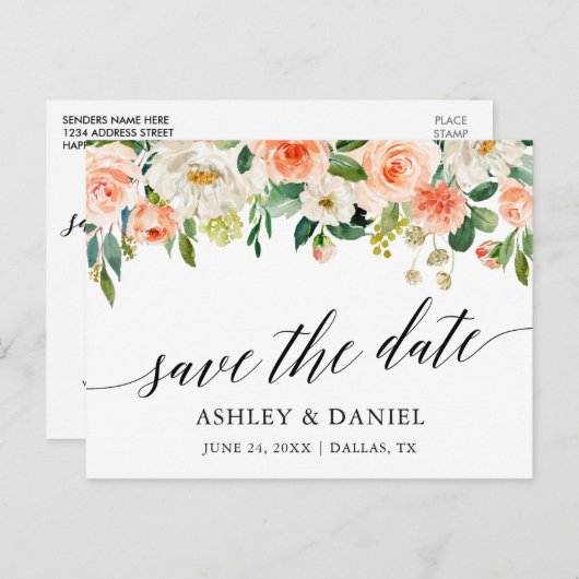 Kalligrafie Koraal Bloemen Save The Date Briefkaart (Voorkant / Achterkant)