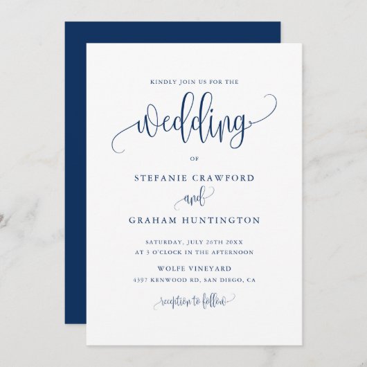  kalligrafie Manuscript Navy Blue Wedding Kaart (Voorkant / Achterkant)