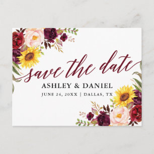Kalligrafie Mixed Floral Bourgogne Save the Date Briefkaart