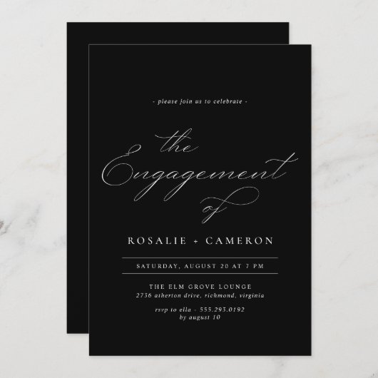 kalligrafie | Moody Black Engagement Party Kaart (Voorkant / Achterkant)