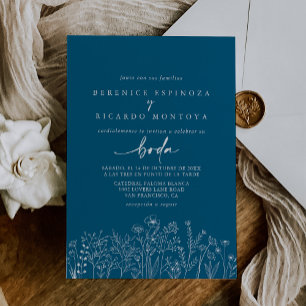 Kalligrafie Navy Wildflower Spaanse bruiloft Kaart
