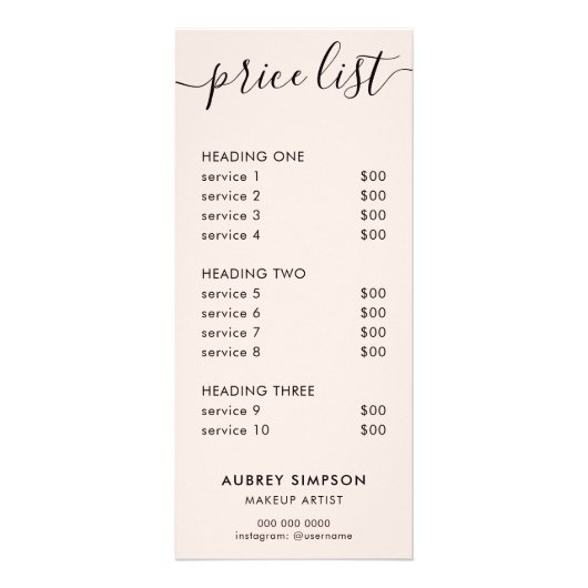 Kalligrafie Prijslijst Blush Pink Rack Kaart (Voorkant)