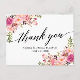 Kalligrafie roze blush bloemenbruiloft dank u briefkaart