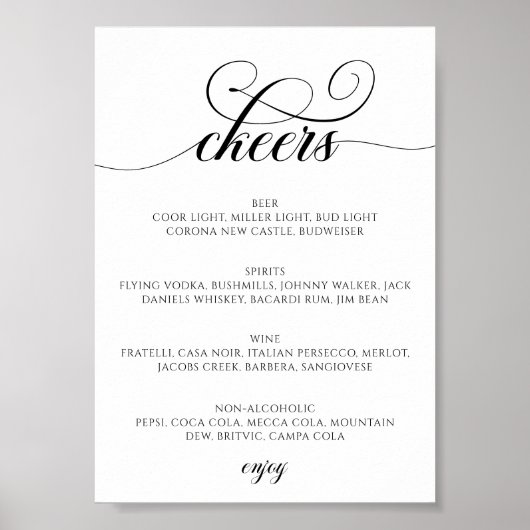 Kalligrafie Script Bar Menu Proost Trouwbord Poster (Voorkant)