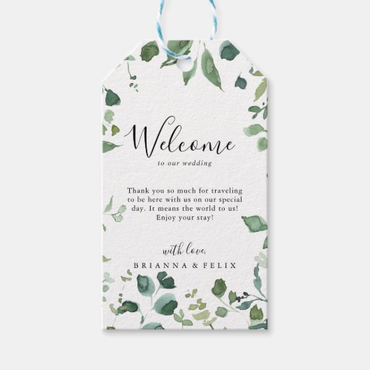 Kalligrafie Script Groen gebladerte bruiloft Welko Cadeaulabel (Voorkant)