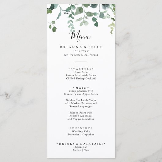 Kalligrafie Script Groen gebladerte Diner Menu (Voorkant)