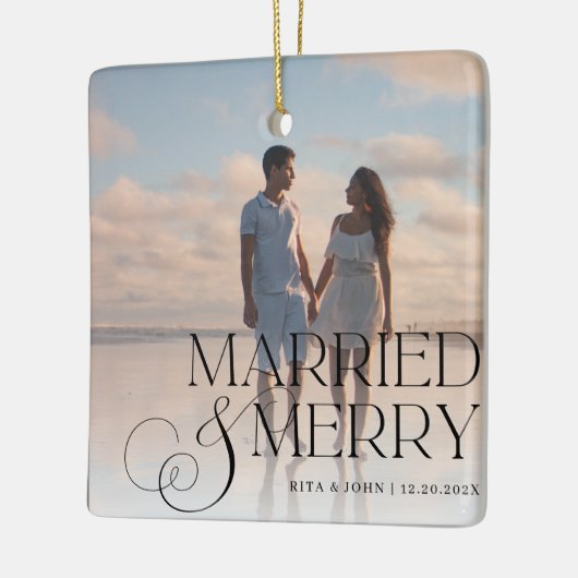 Kalligrafie Script Trouwen Eerste Kerst Metaal Keramisch Ornament (Links)