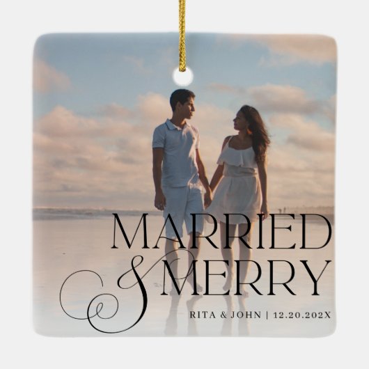 Kalligrafie Script Trouwen Eerste Kerst Metaal Keramisch Ornament (Achterkant)