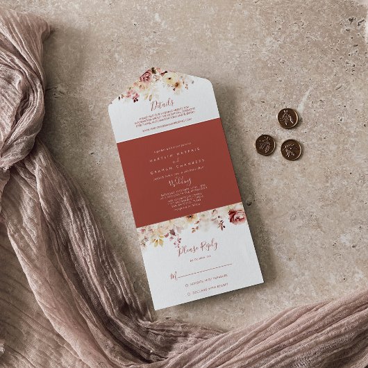 Kalligrafie sierlijke bloemenbruiloft all in one uitnodiging