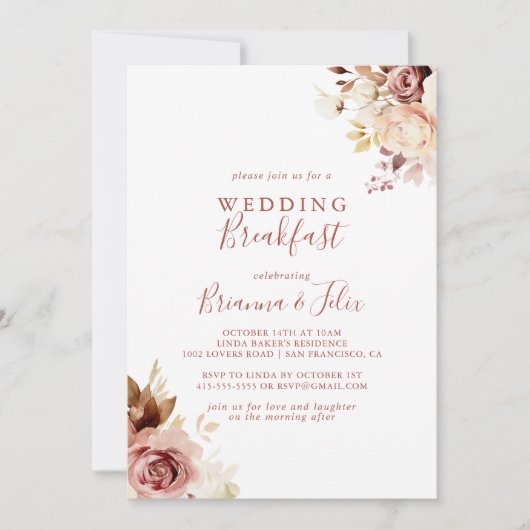Kalligrafie sierlijke bloemenbruiloft ontbijt kaart (Voorkant)
