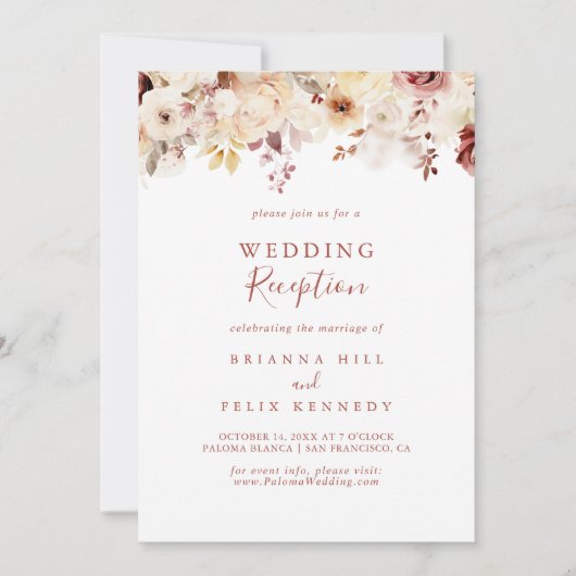 Kalligrafie sierlijke bloemenbruiloft receptie kaart (Voorkant)