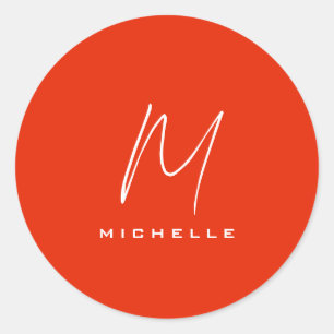 Kalligrafie stijlvol rood wit monogram jouw naam ronde sticker