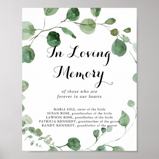 Kalligrafie Ter Lieve Herinnering Eucalyptus Bord Poster (Voorkant)