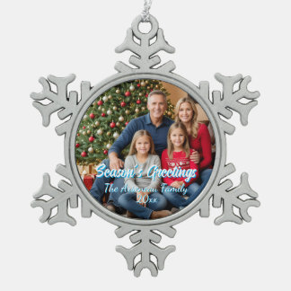 Kalligrafie Vakantie Familie Foto Blauw Persoonlij Tin Sneeuwvlok Ornament