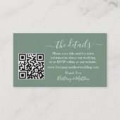 Kalligrafie Weddenschap Details QR Foto Sage Green Informatiekaartje (Voorkant)