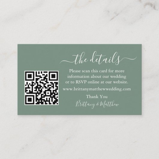 Kalligrafie Weddenschap Details QR Foto Sage Green Informatiekaartje (Voorkant)