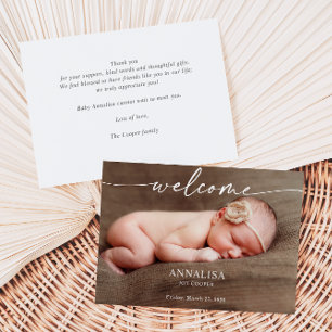 Kalligrafie Welkom Baby Foto Aankondigingskaart