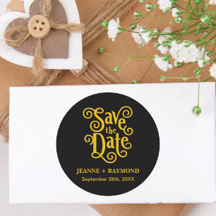 Kalligrafie Zwart Goud Trouwkaart Save the Date Ronde Sticker