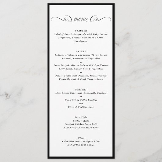 Kalligrafie Zwart-wit Lijst Formele bruiloft Menu (Voorkant)