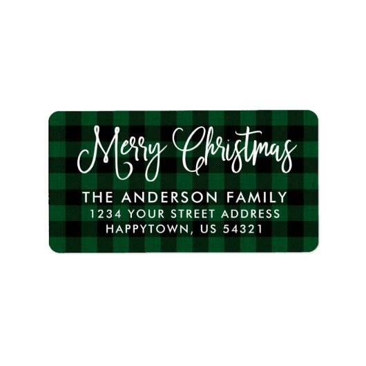 Kalligrafiescript Christmas Green Plaid Adres Etiket (Voorkant)