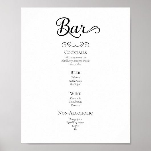 Kalligrafiescript Wedding Drinken Menu Sign Poster (Voorkant)